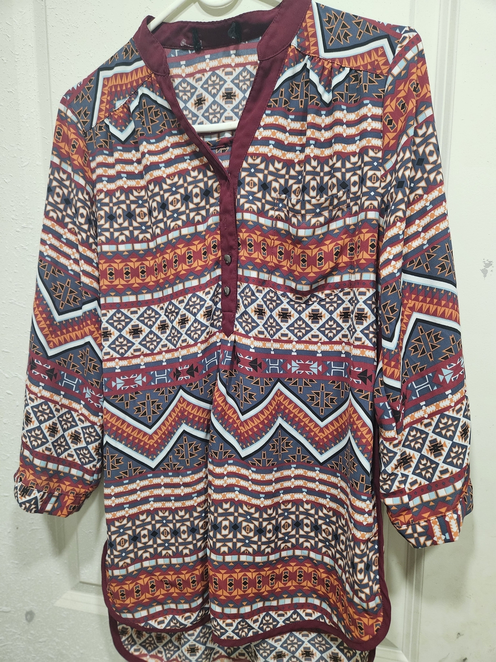 Boho Geo-Print Tunic Top in Burgundy and Multi